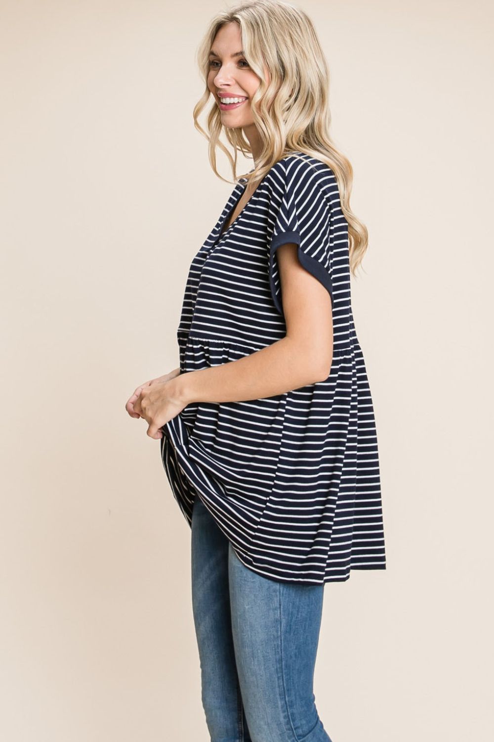 Striped Button Front Baby Doll Top