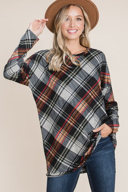 Plaid Round Neck Long Sleeve Knit Top