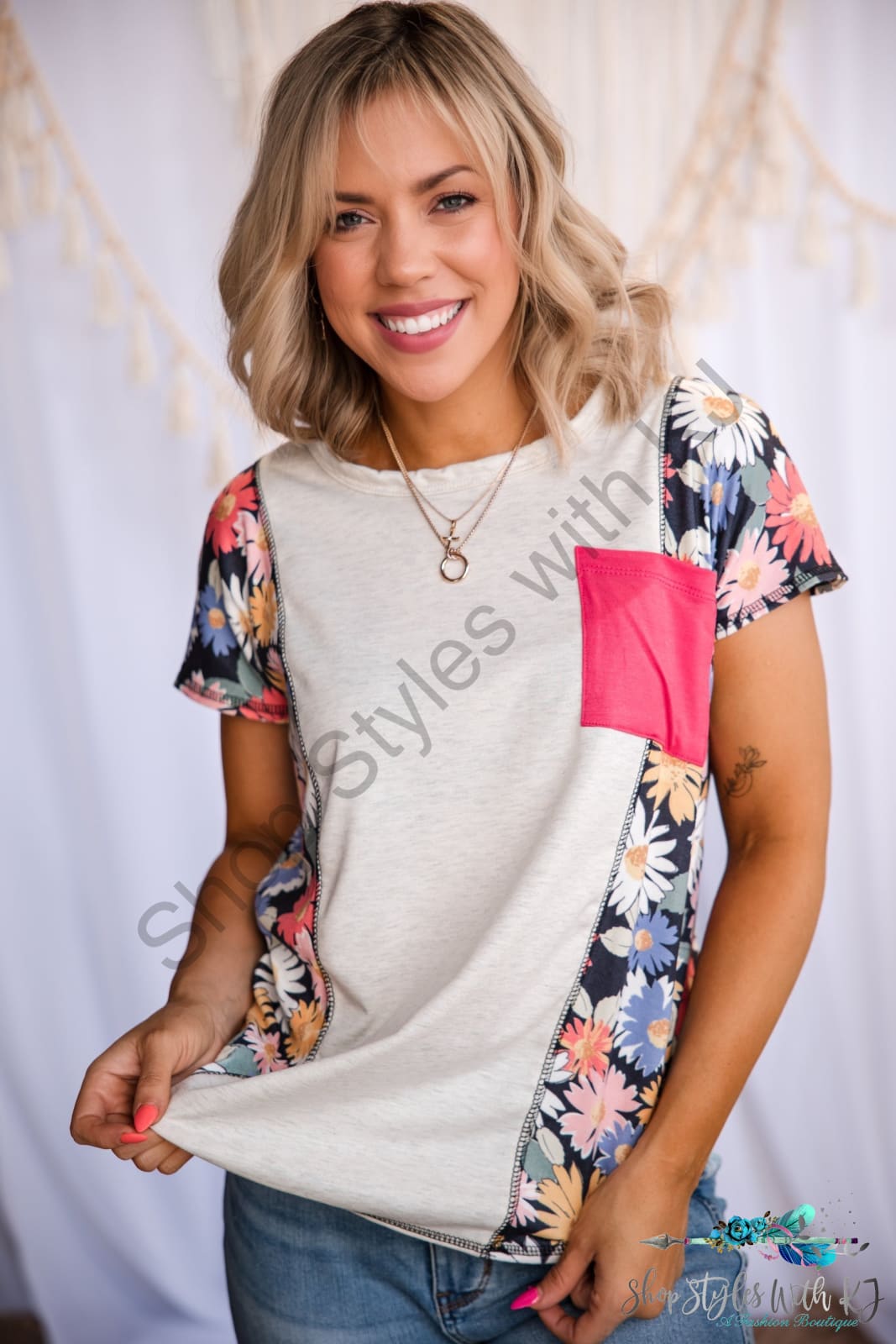 Bloom Anytime Short Sleeve Top, Oatmeal, Coral, & Navy colorblock top, front pocket detail, round neck