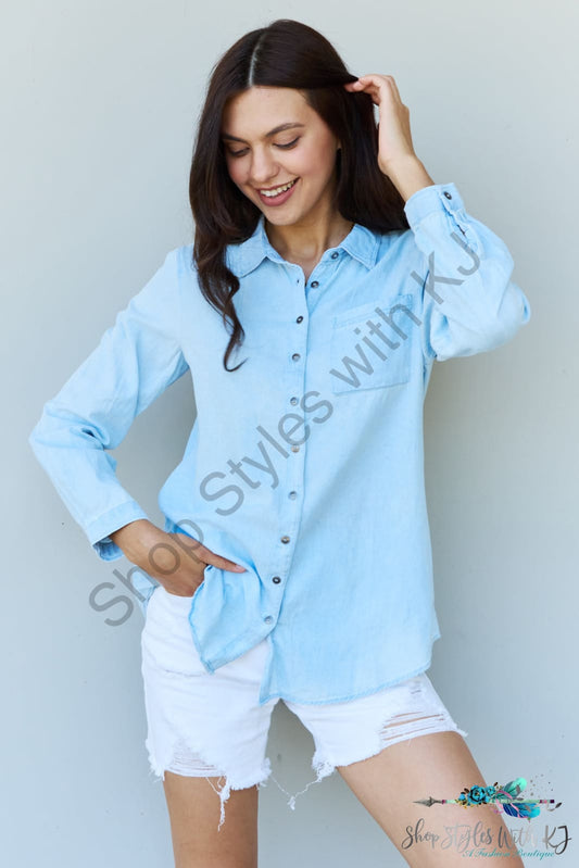 Doublju Blue Jean Baby Denim Button Down Shirt Top In Light / S
