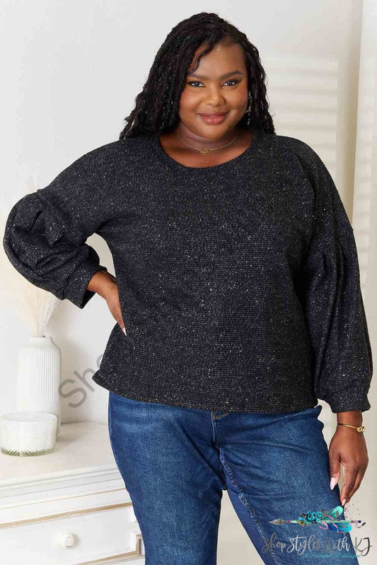 Jade By Jane Full Size Boat Neck Glitter Long Sleeve Top Black / S Shirts & Tops
