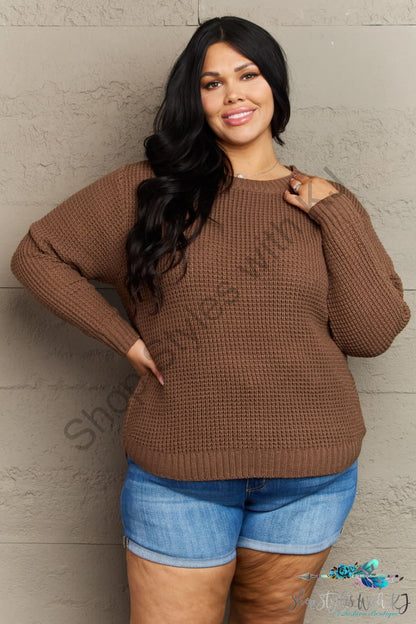 Zenana Breezy Days Plus Size High Low Waffle Knit Sweater Chestnut / 1Xl