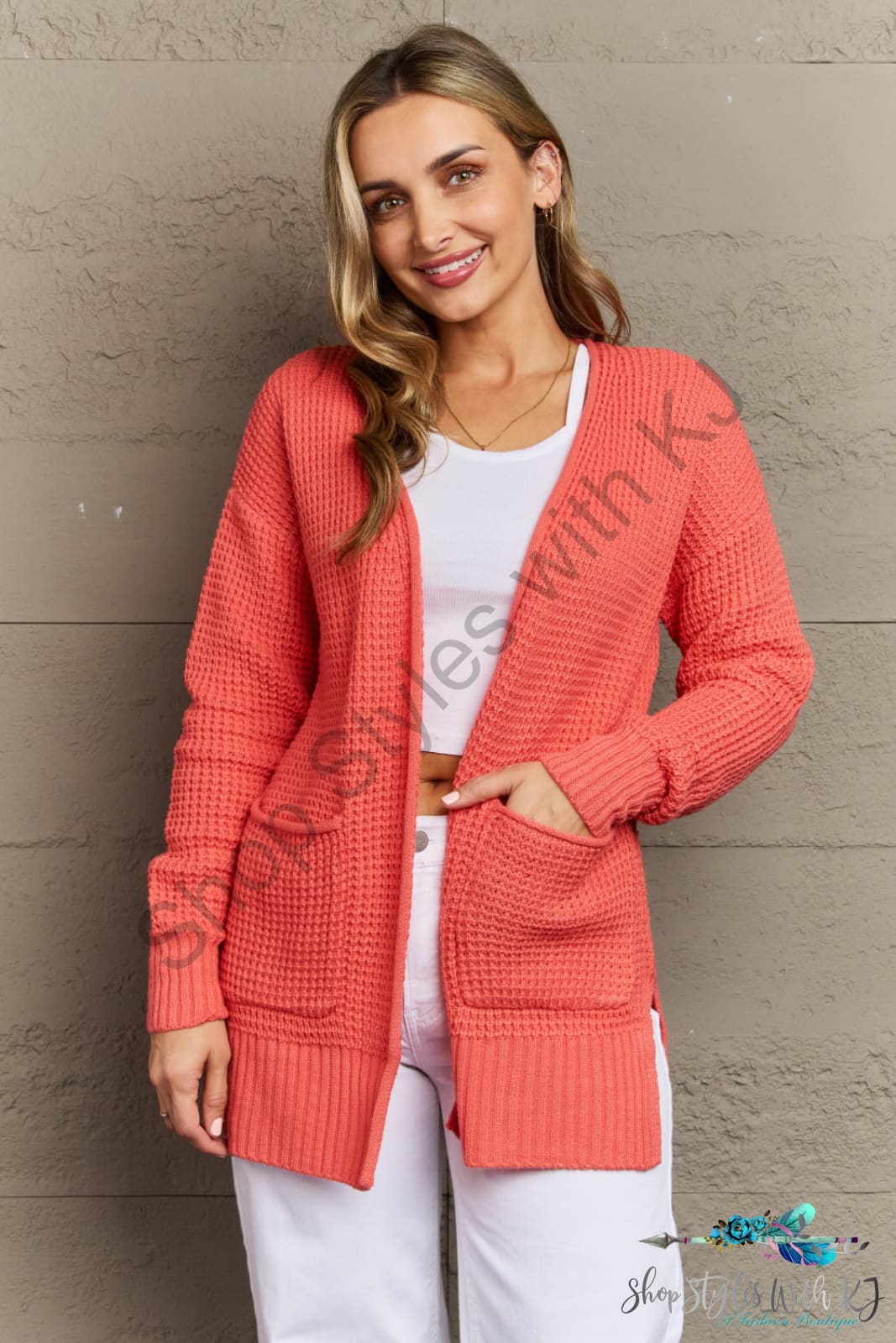 Zenana Bright & Cozy Full Size Waffle Knit Cardigan Coral / S