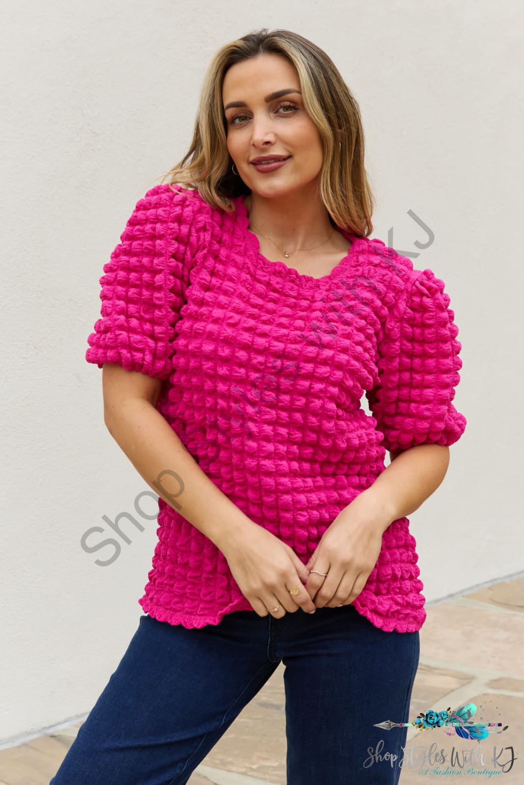 Bubble Textured Puff Sleeve Top Hot Pink / S Shirts & Tops