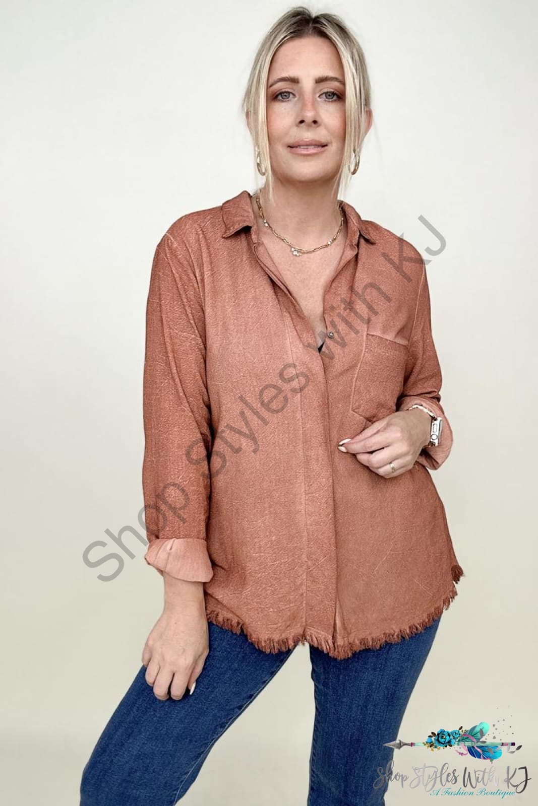 Umgee Button Down Boyfriend Shirt With Frayed Hem Red Clay / S Blouses