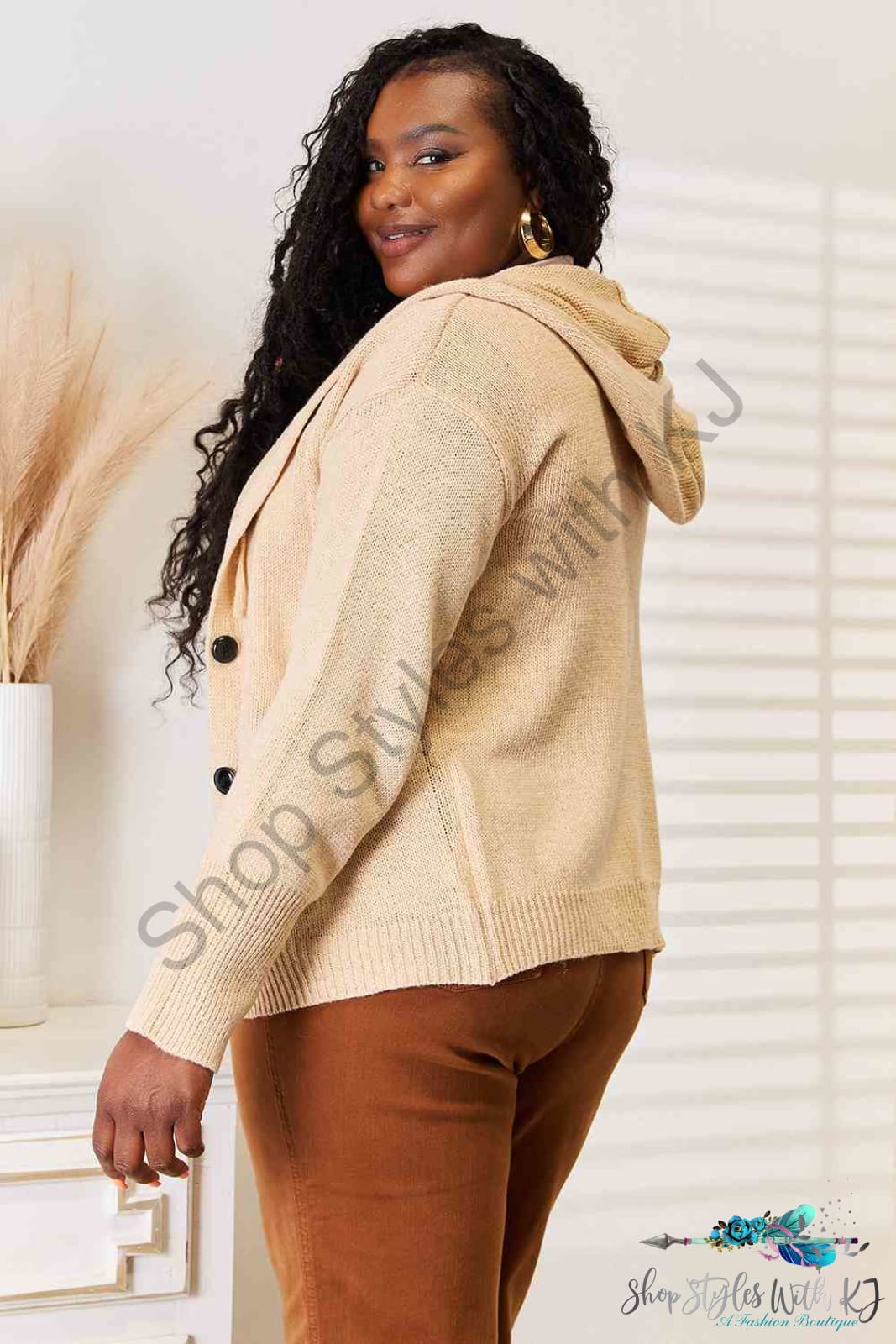 Woven Right Button-Down Long Sleeve Hooded Sweater