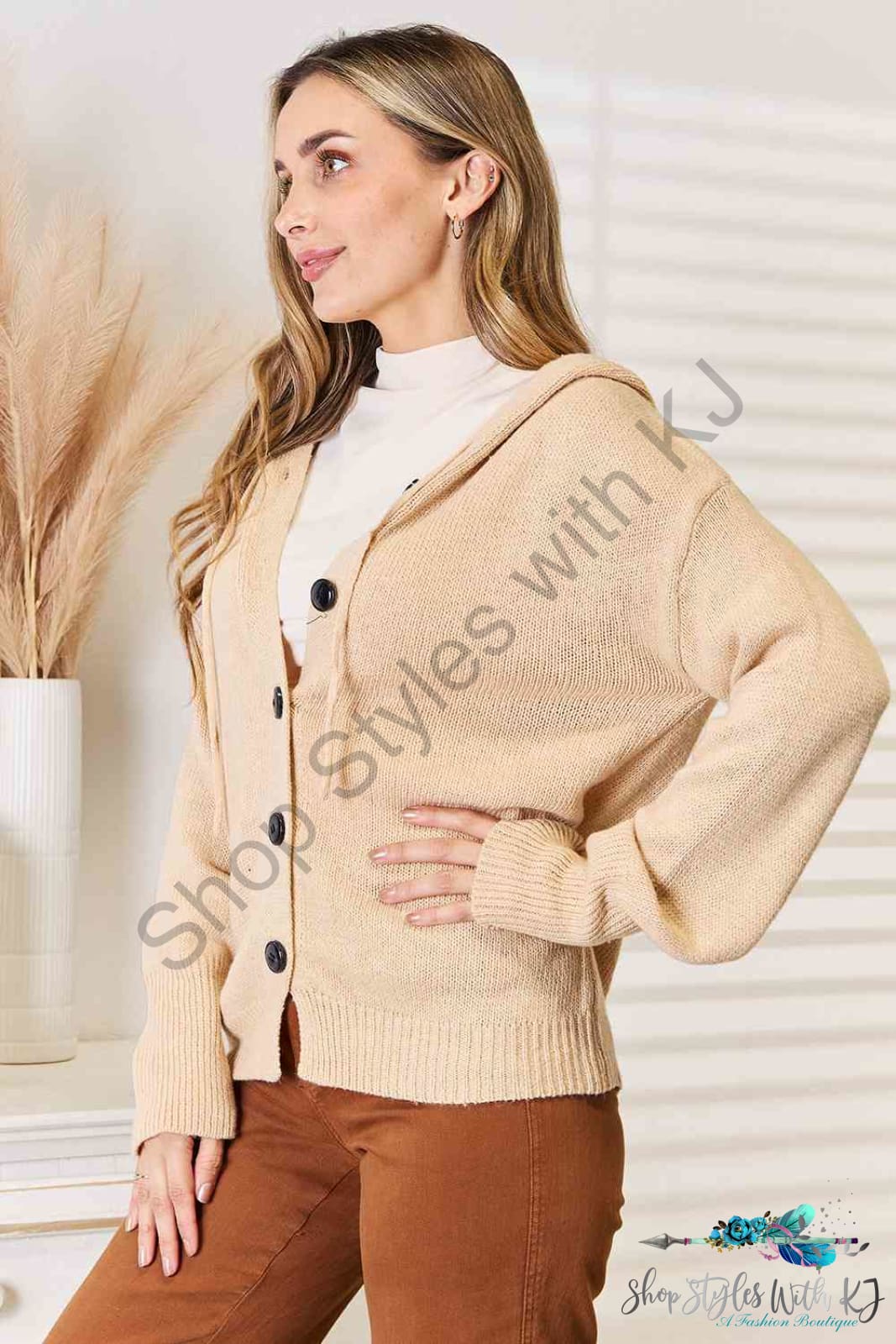 Woven Right Button-Down Long Sleeve Hooded Sweater