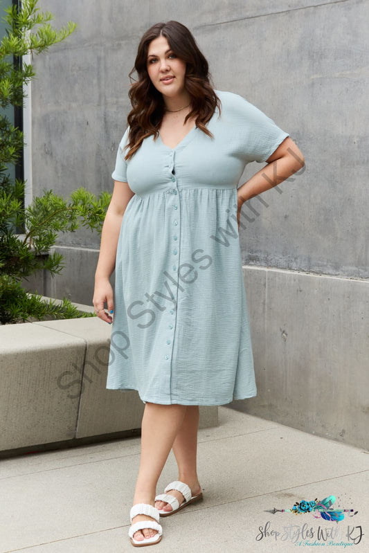 Sweet Lovely By Jen Full Size Button Down Midi Dress Misty Blue / S