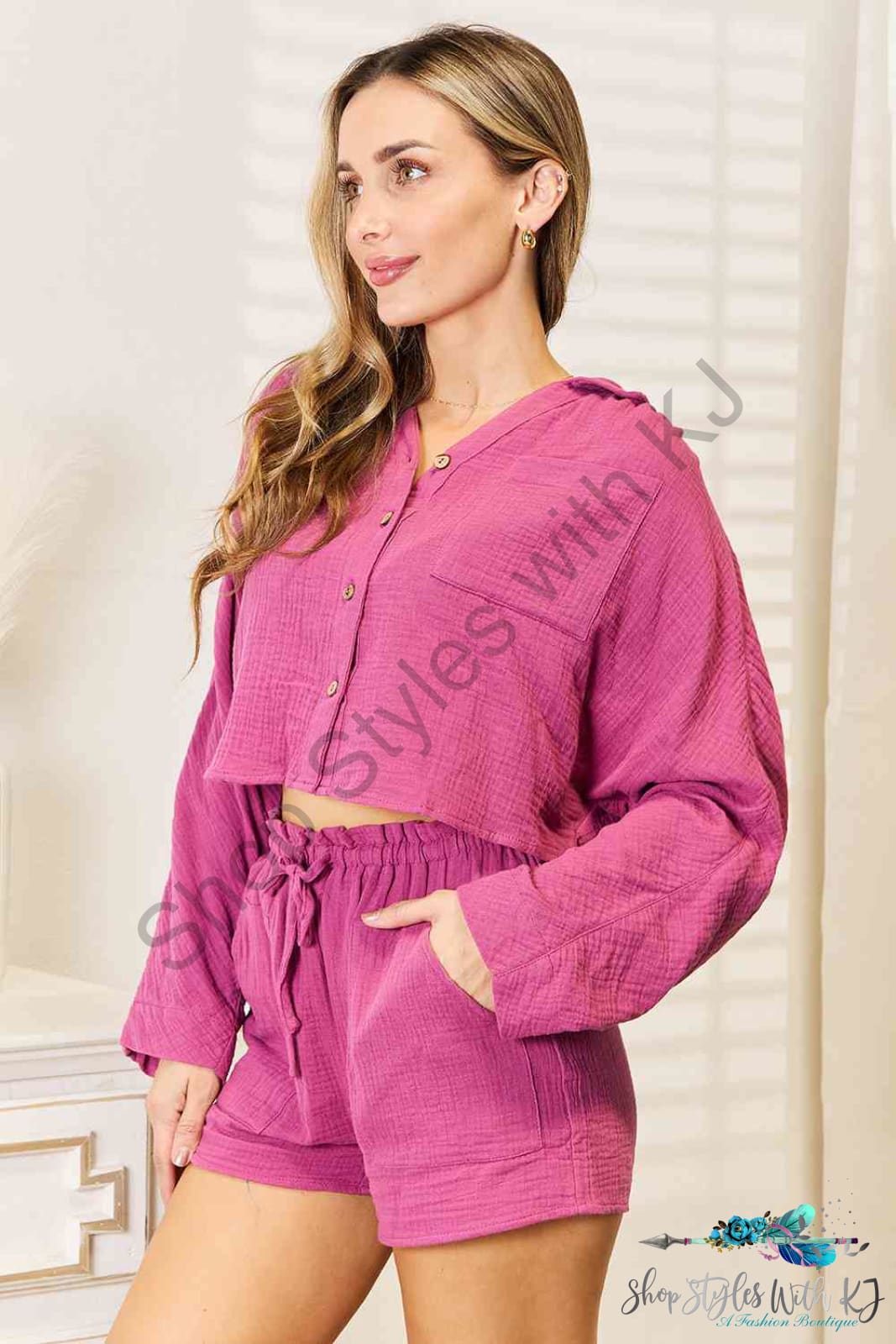 Basic Bae Buttoned Long Sleeve Top And Shorts Set Sets