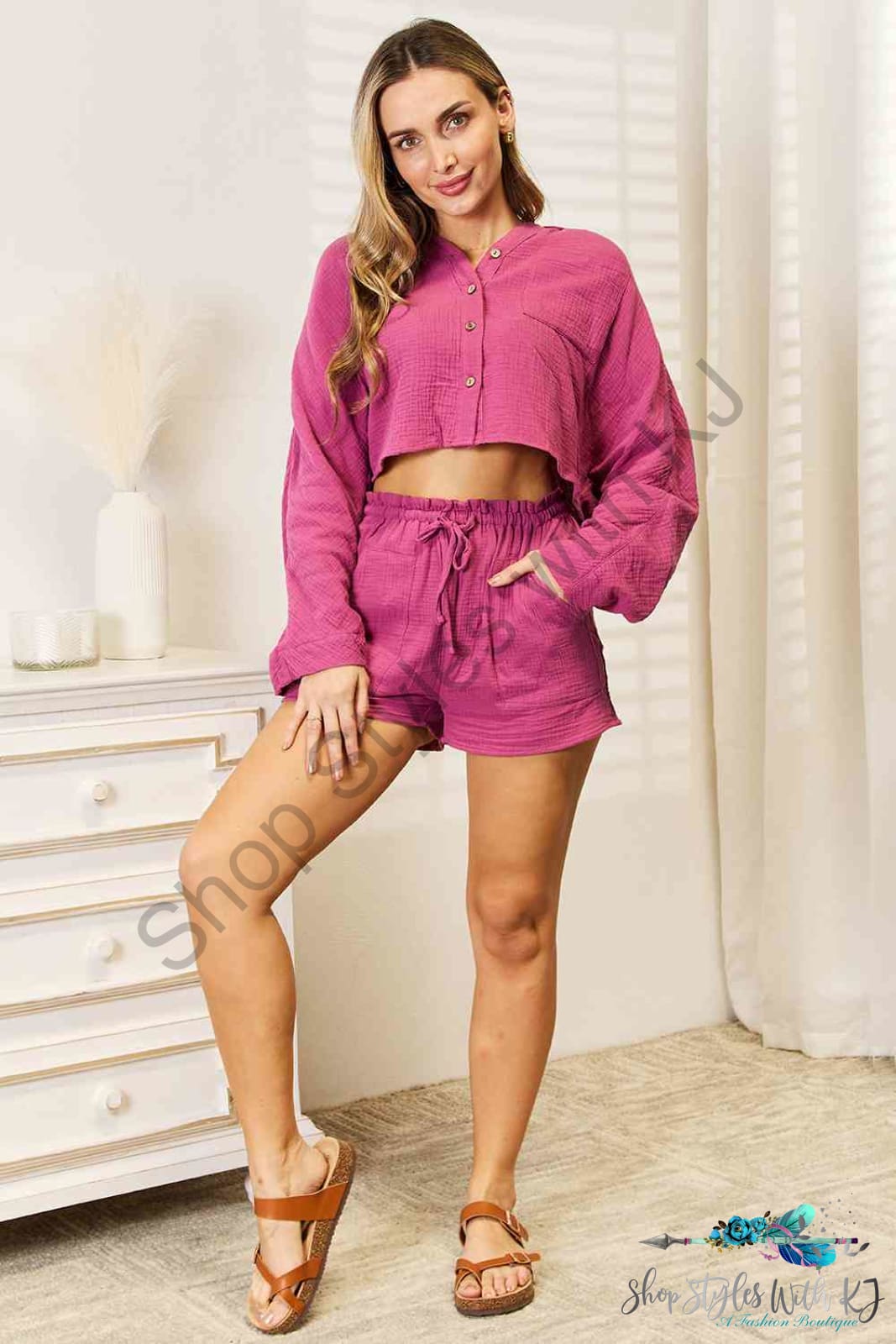 Basic Bae Buttoned Long Sleeve Top And Shorts Set Sets