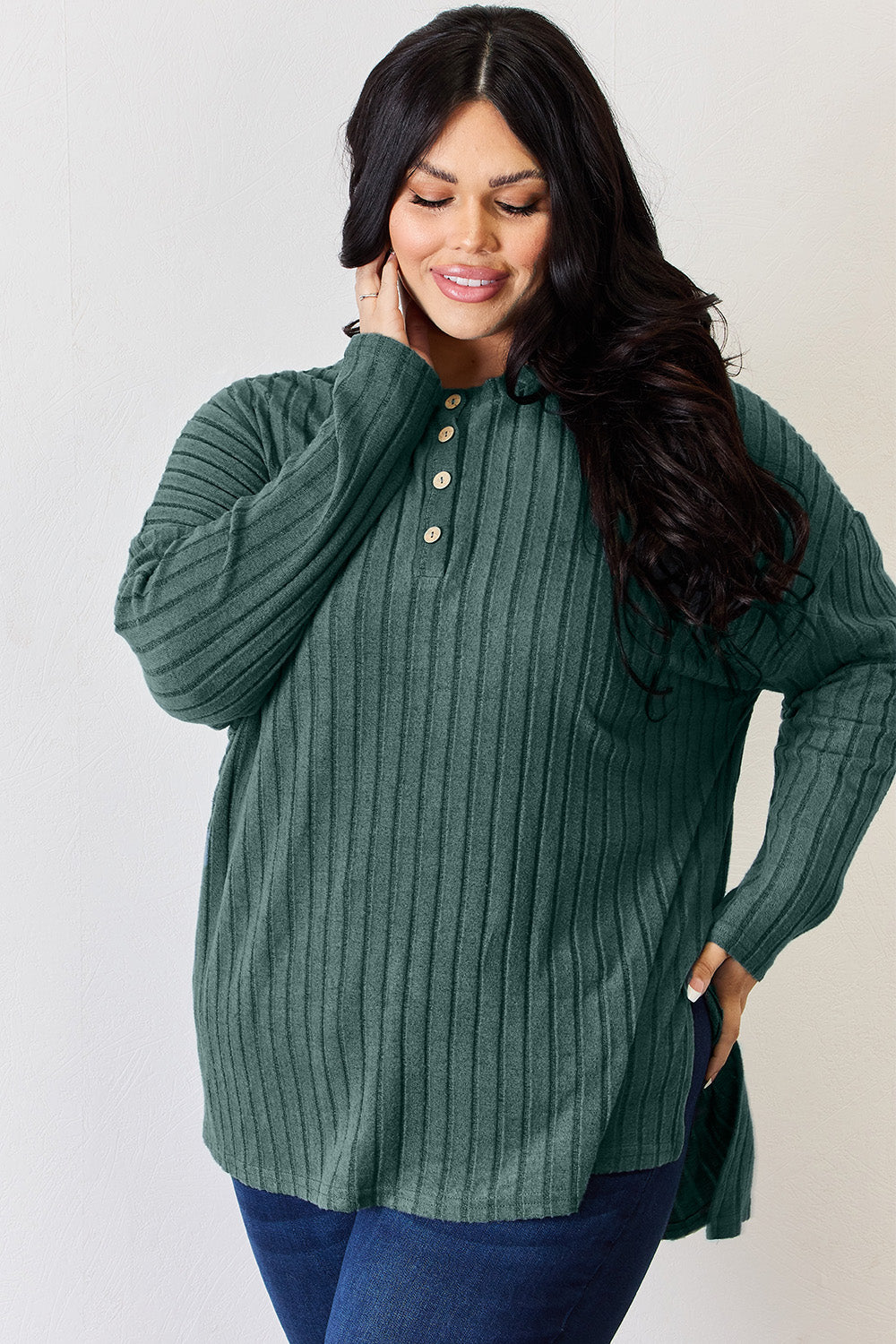 Ribbed Half Button Long Sleeve High-Low T-Shirt - 5 Colors