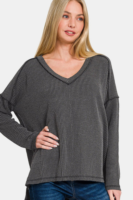 Texture Exposed Seam V-Neck Long Sleeve T-Shirt - Charcoal