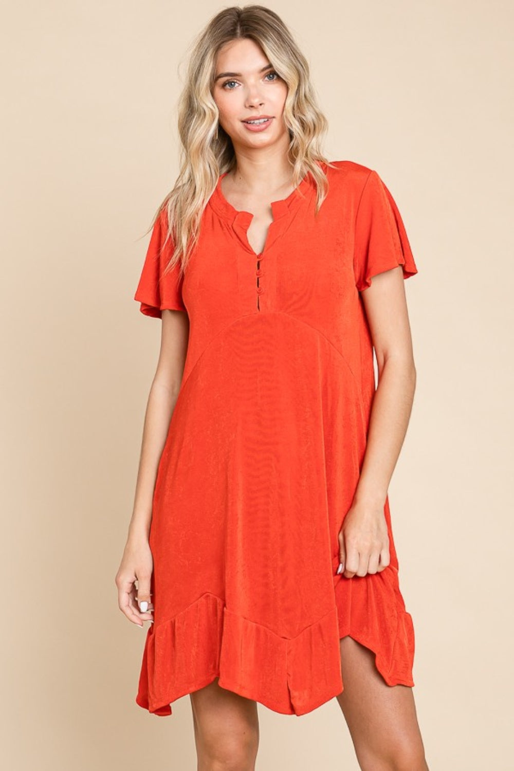 Notched Short Sleeve Dress - Scarlet