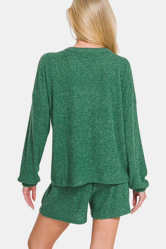 V-Neck Long Sleeve Ribbed Top and Shorts Set - Dark Green