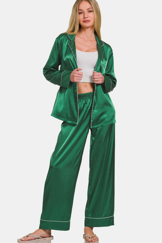 Satin Long Sleeve Shirt and Pants Pajama Set - Hunter Green