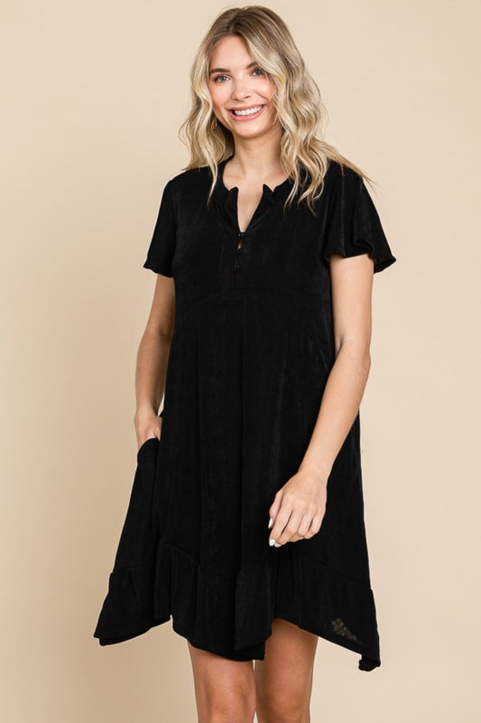 Notched Short Sleeve Black Dress