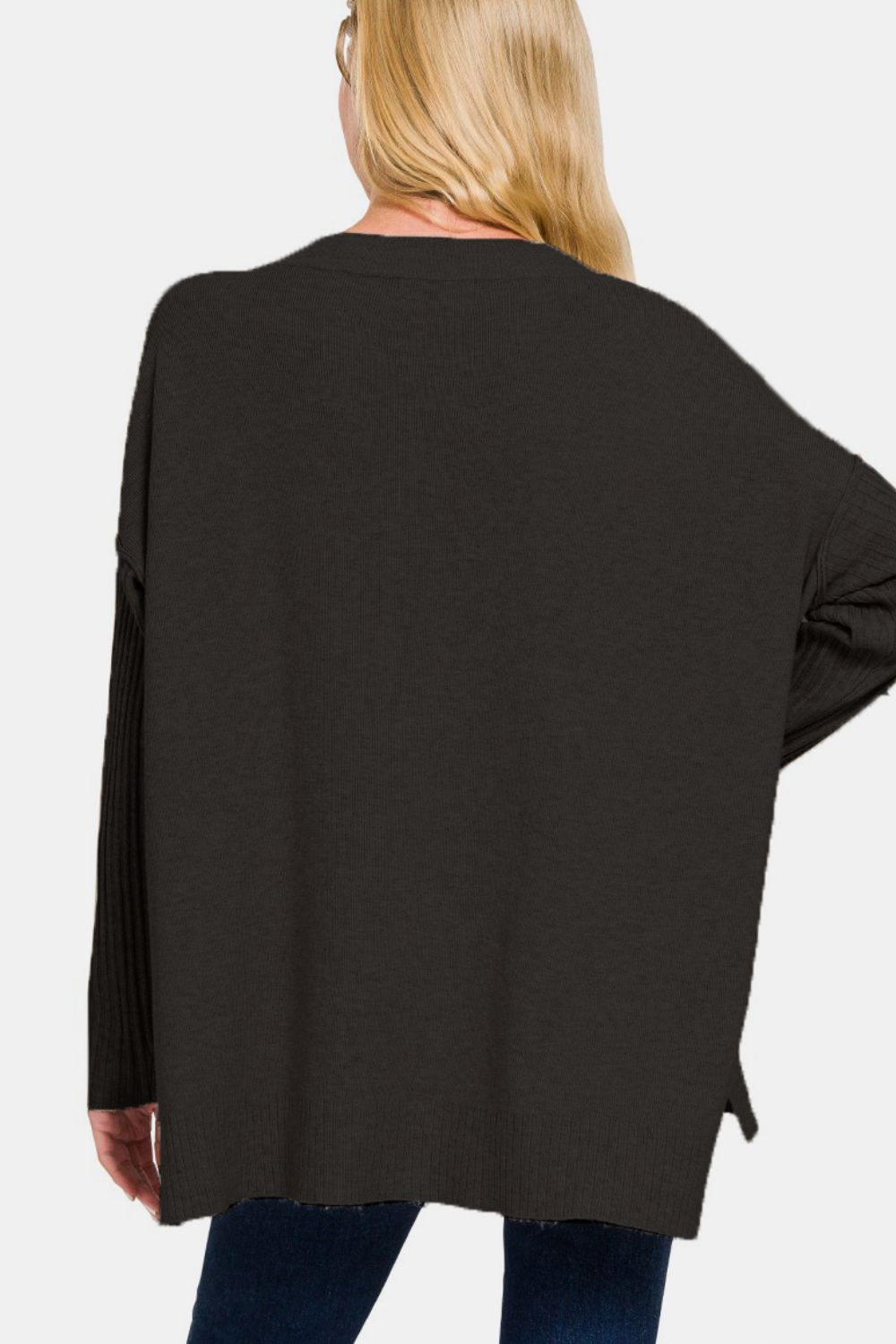 V-Neck Side Slit High-Low Sweater - Black