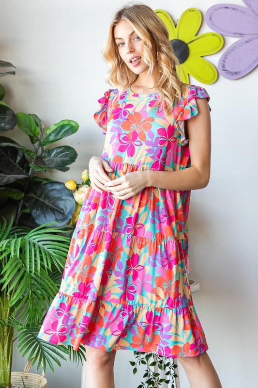 Floral Cap Sleeve Tiered Dress