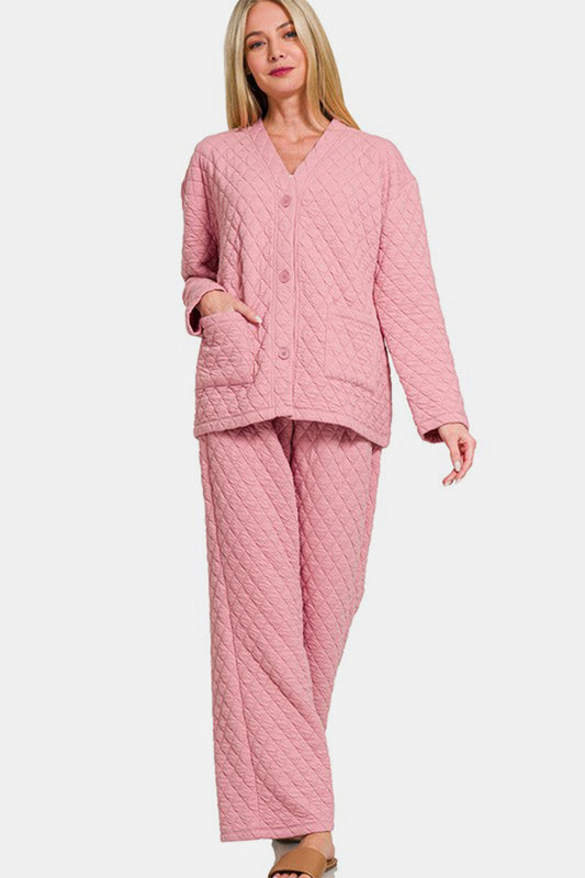 Quilted Button Up Long Sleeve Top and Pants Lounge Set - Pink