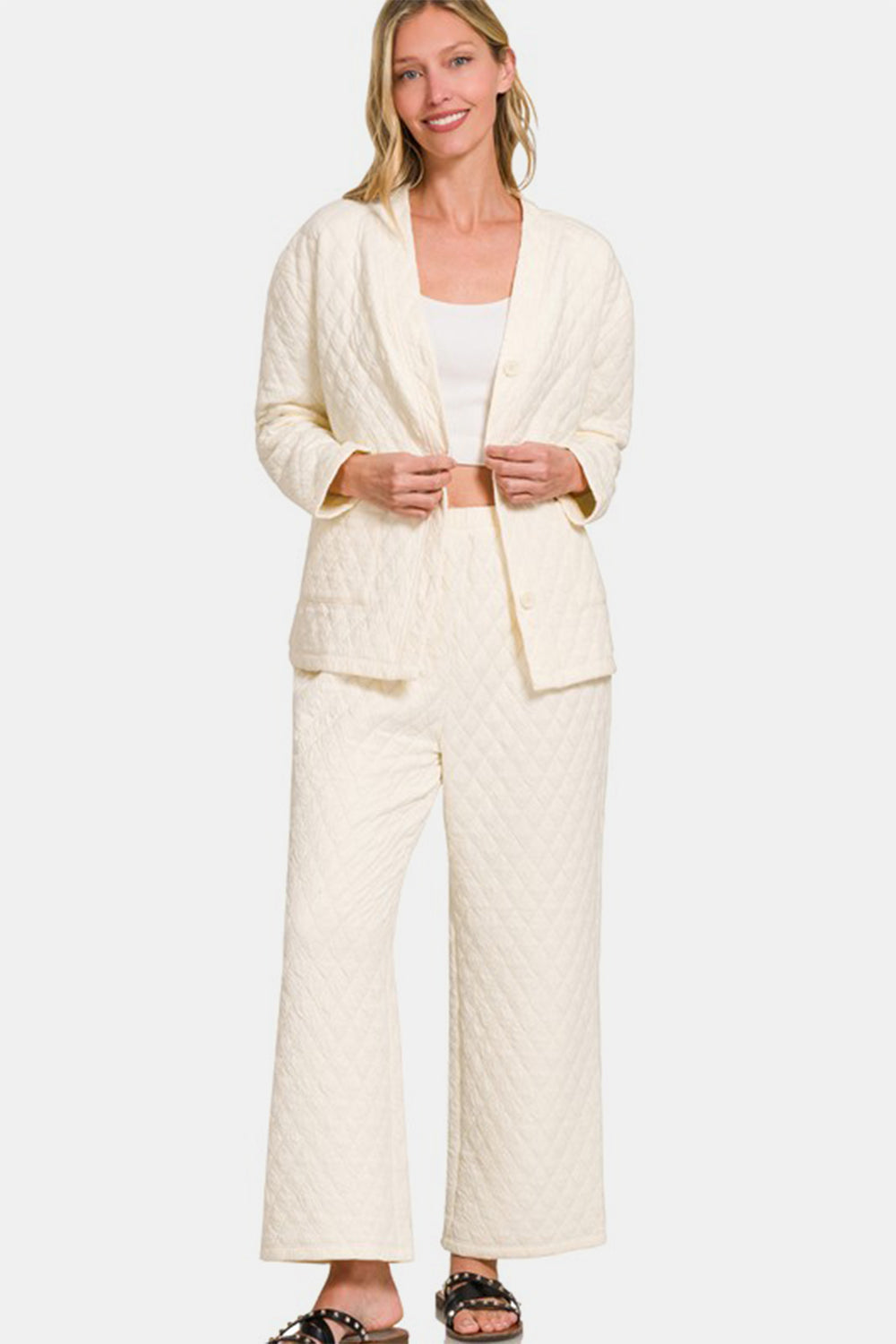 Quilted Button Up Long Sleeve Top and Pants Lounge Set - Cream