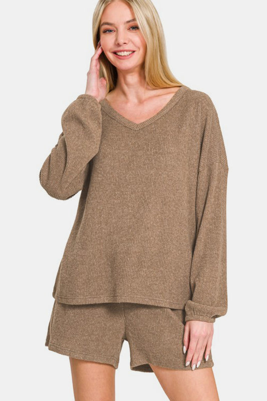 V-Neck Long Sleeve Ribbed Top and Shorts Set - Camel