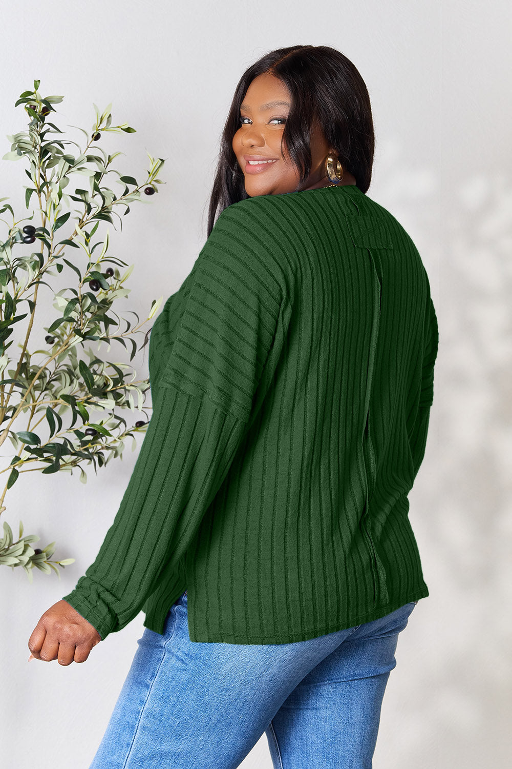 Ribbed Round Neck Slit Knit Top - 5 Colors