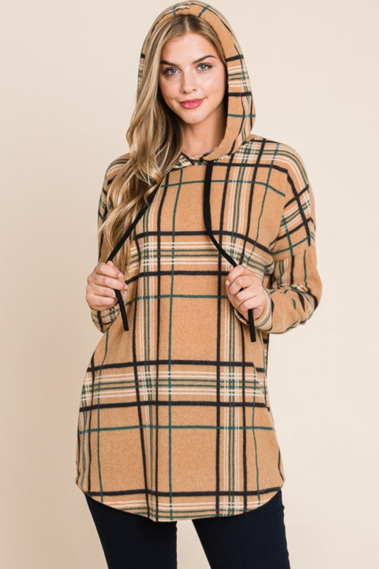 Drawstring Plaid Long Sleeve Hoodie - Taupe