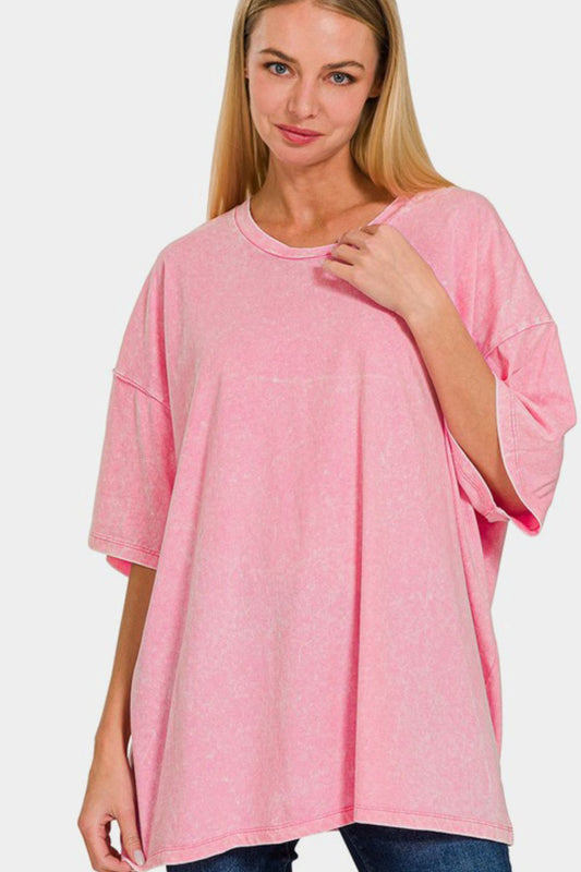 Washed Round Neck Drop Shoulder Oversized T-Shirt - Pink