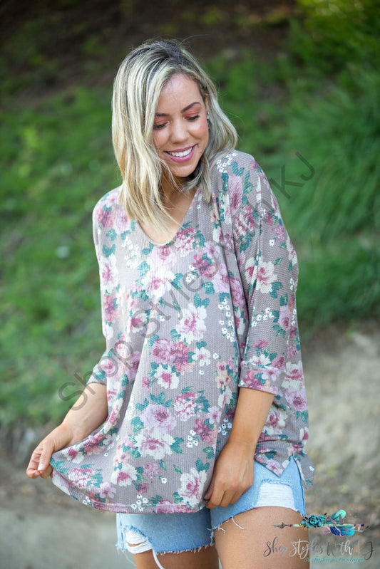 Cappuccino Floral 3/4 Sleeve Top Shirts & Tops
