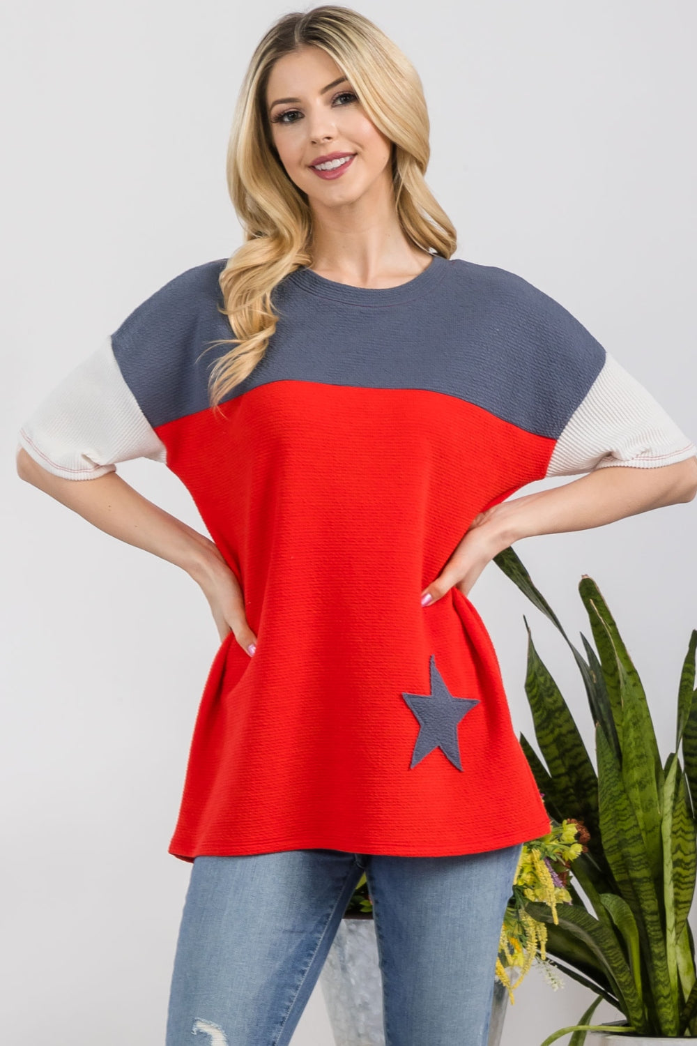 Ribbed Star Color Block T-Shirt