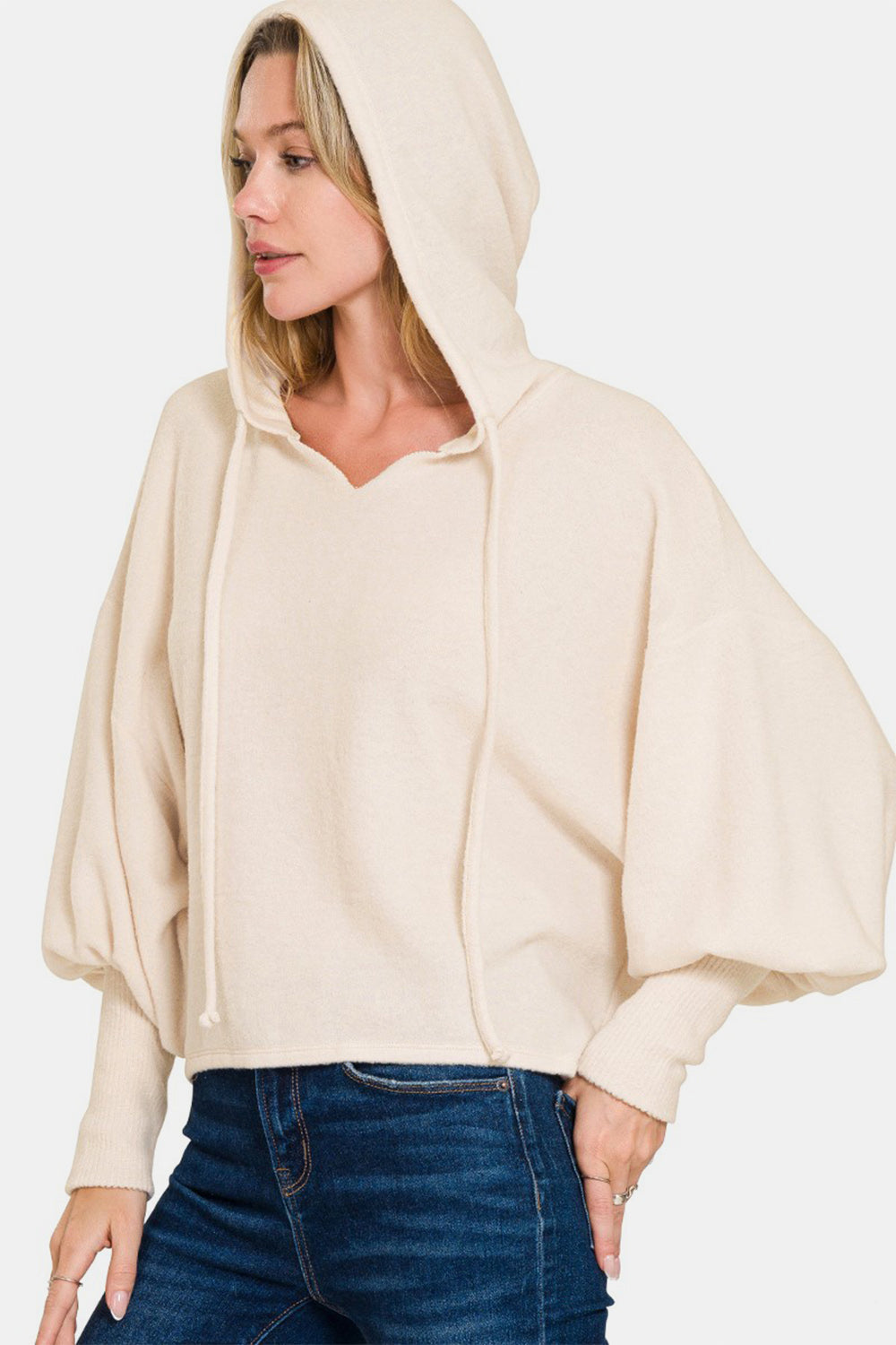 Brushed Hacci Drop Shoulder Cropped Hoodie