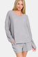 V-Neck Long Sleeve Ribbed Top and Shorts Set - Gray