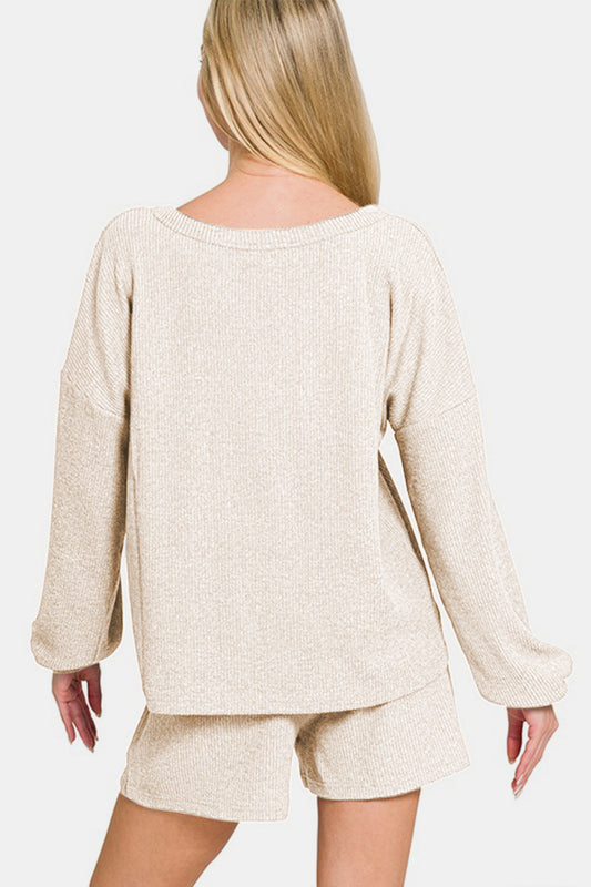 V-Neck Long Sleeve Ribbed Top and Shorts Set - Beige