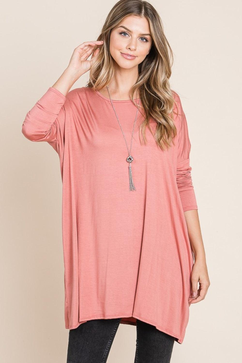 Round Neck Long Sleeve Tunic - Brick