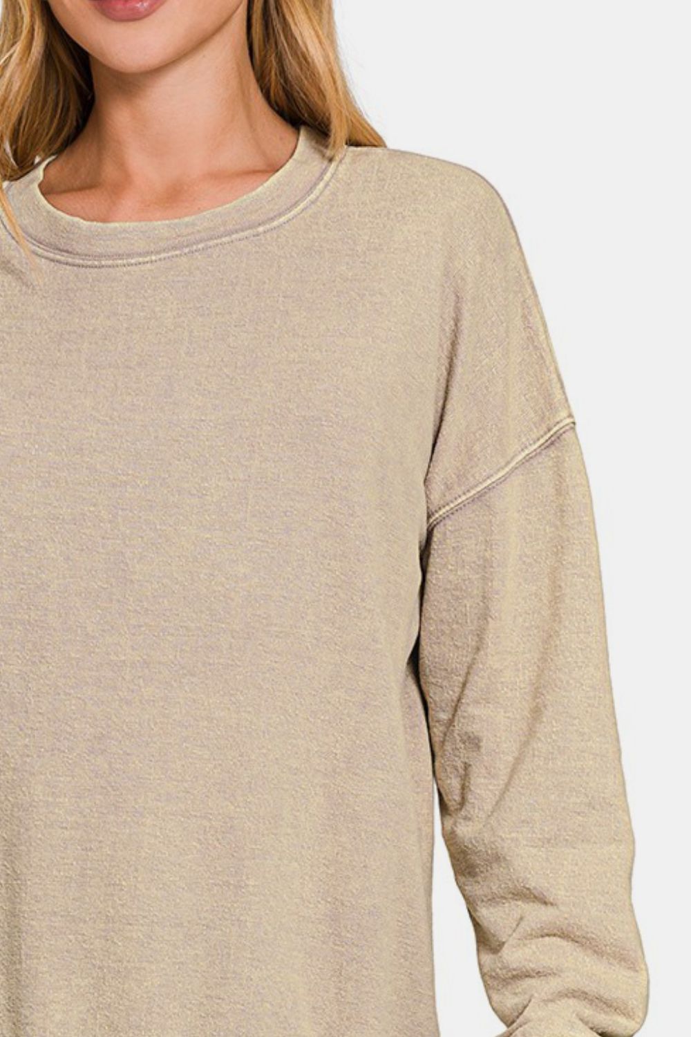 Washed Round Neck Dropped Shoulder Sweatshirt - Khaki