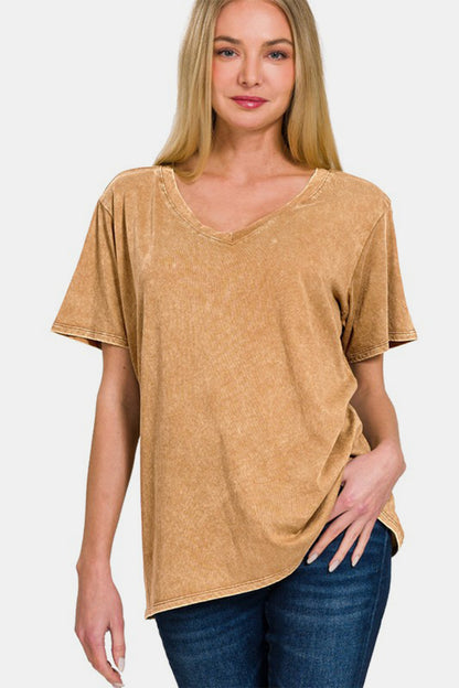 Washed Short Sleeve V-Neck T-Shirt - Camel