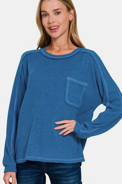 Made You Look Contrast Stitch Ribbed Hacci Knit Top - Royal Blue