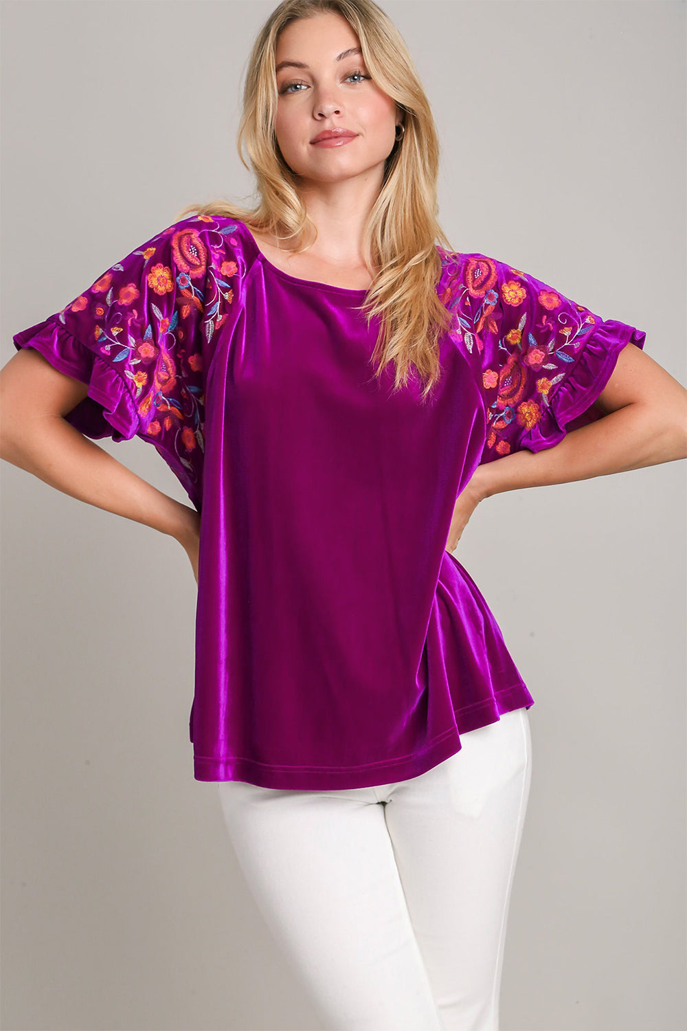 Velvet Embroidery Short Sleeve Blouse - Violet