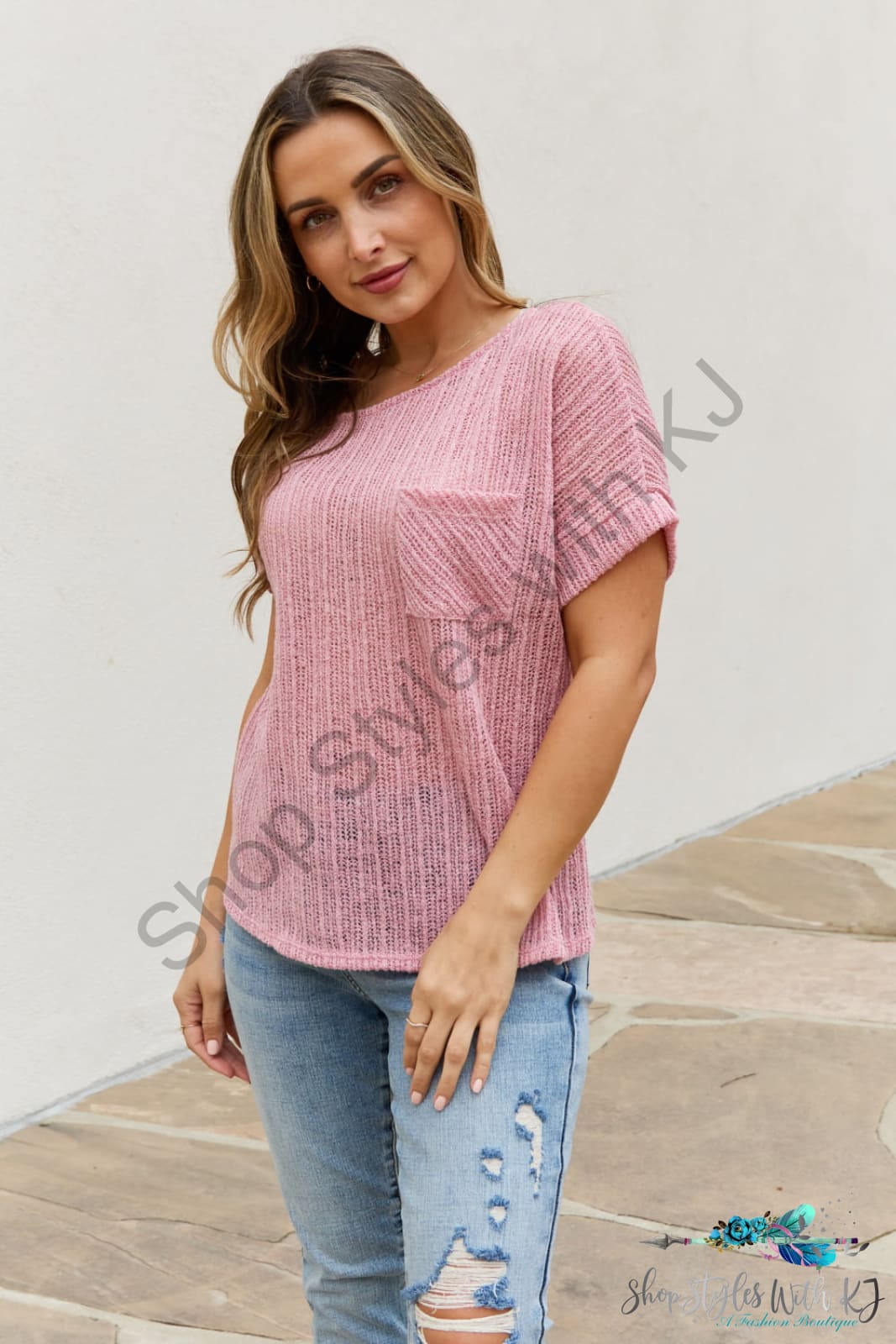 Chunky Knit Short Sleeve Top In Mauve Shirts & Tops