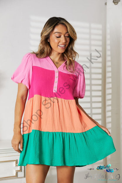 Double Take Color Block Buttoned Puff Sleeve Dress Multicolor / S