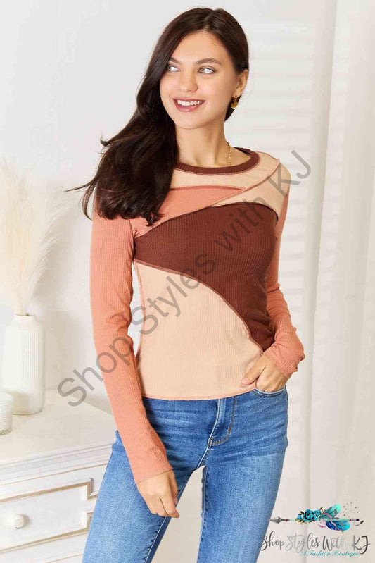 Color Block Exposed Seam Long Sleeve Top Chestnut / S Shirts & Tops