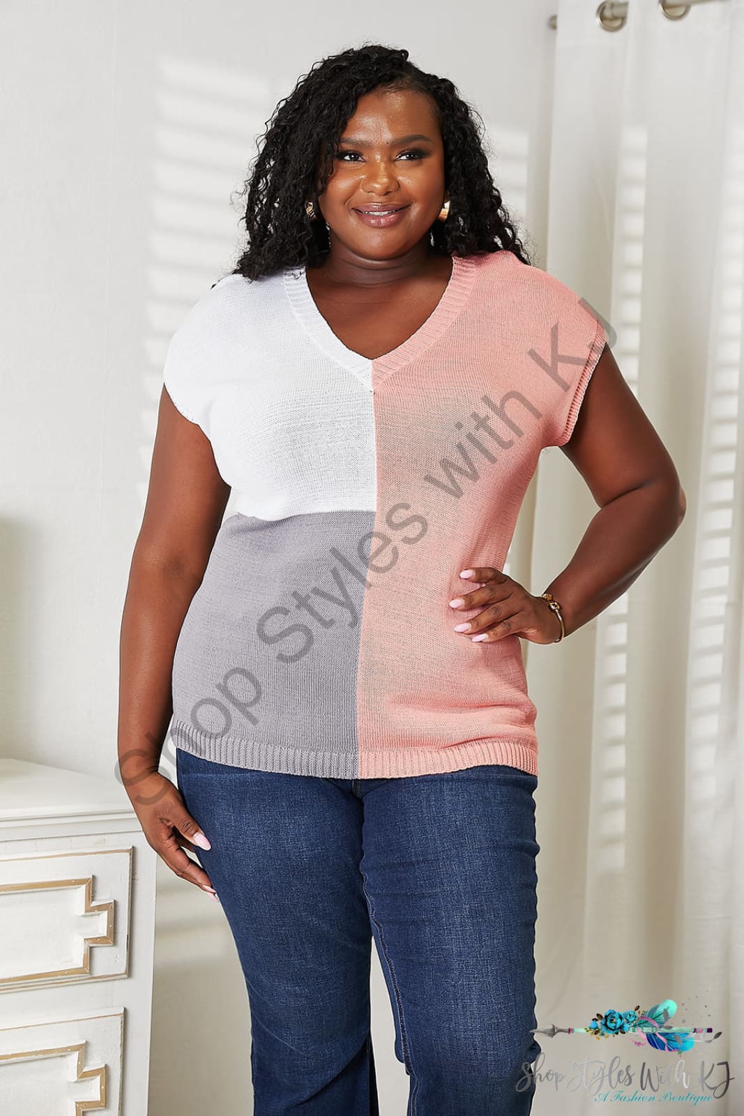 Double Take Color Block V-Neck Knit Top Shirts & Tops