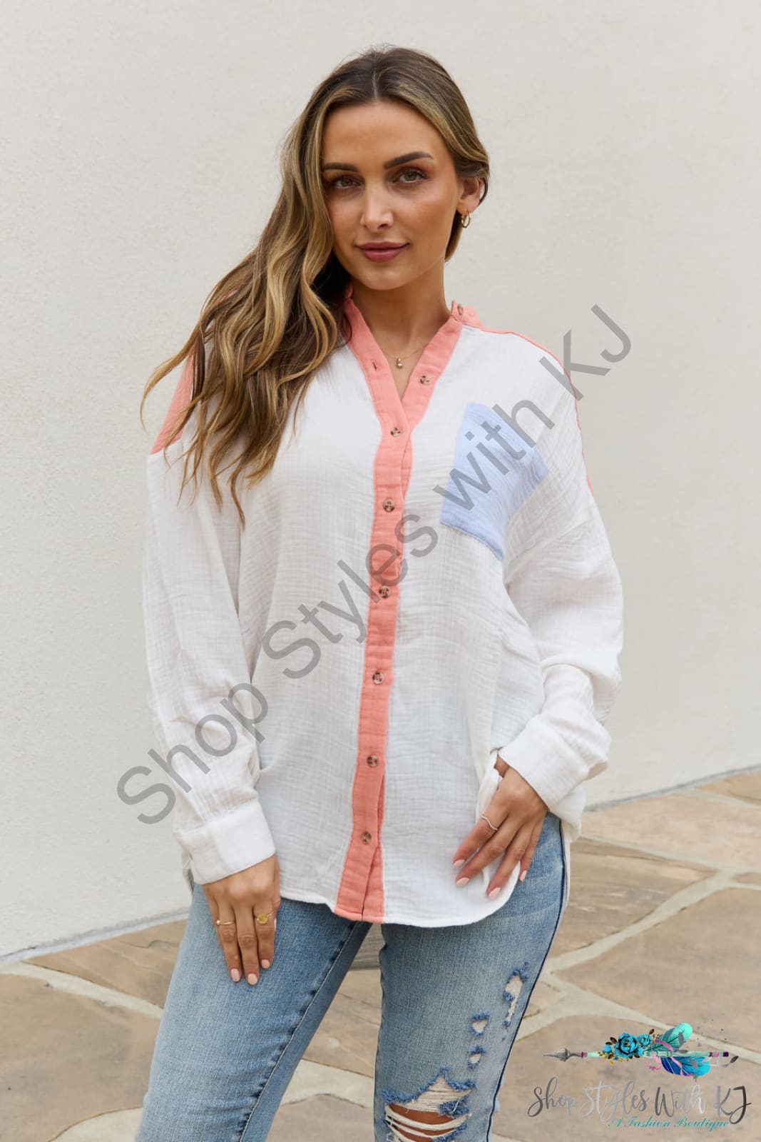 Color Block Woven Button Down Top Shirts & Tops