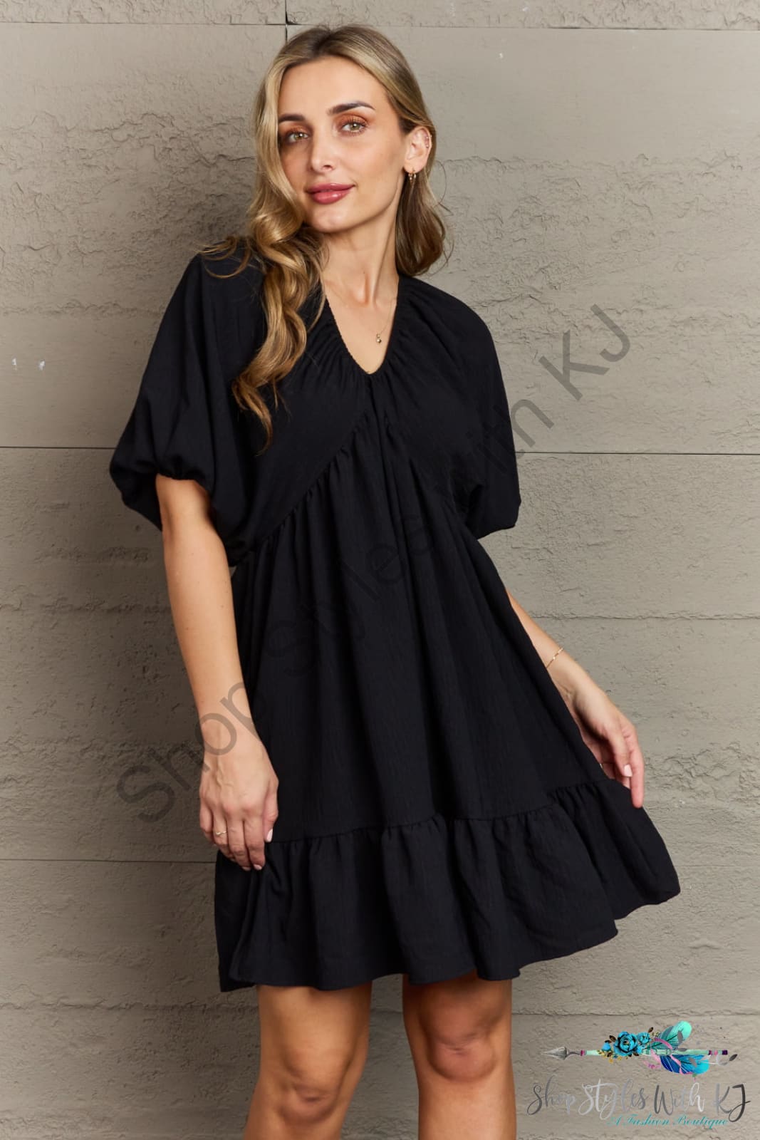 Hailey & Co Comfort Cutie Double V-Neck Puff Sleeve Mini Dress Black / S Dresses