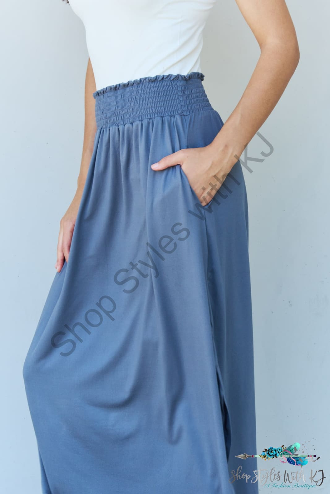 Doublju Comfort Princess Full Size High Waist Scoop Hem Maxi Skirt In Dusty Blue