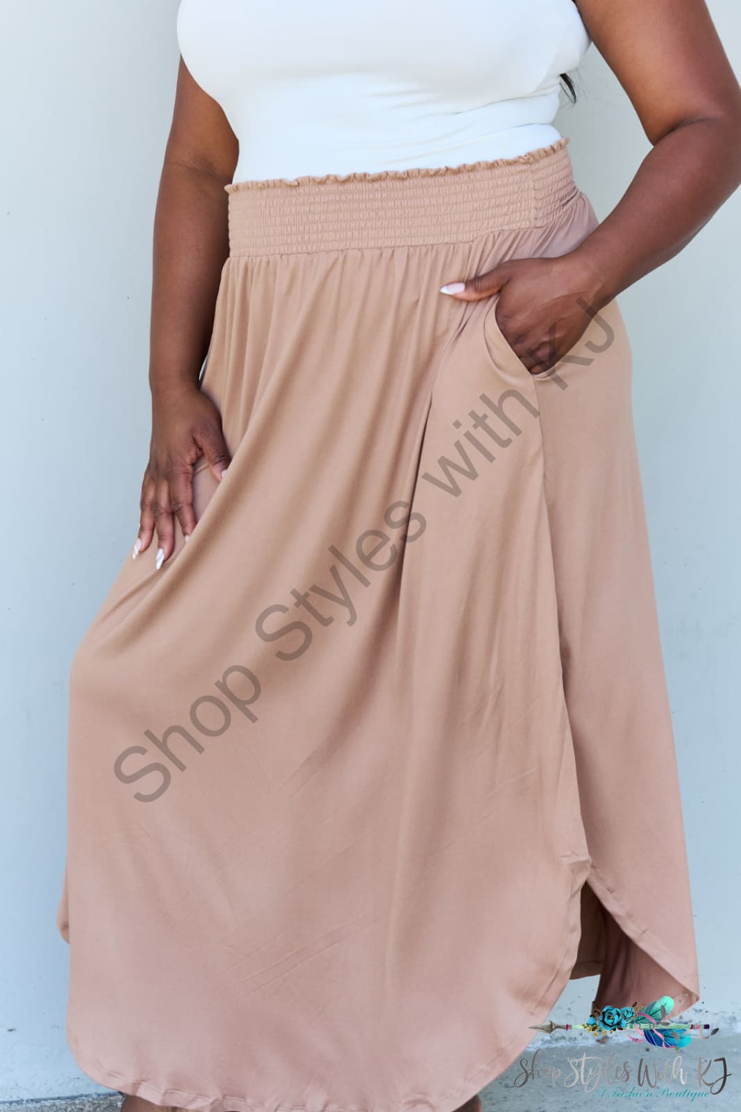 Doublju Comfort Princess Full Size High Waist Scoop Hem Maxi Skirt In Tan