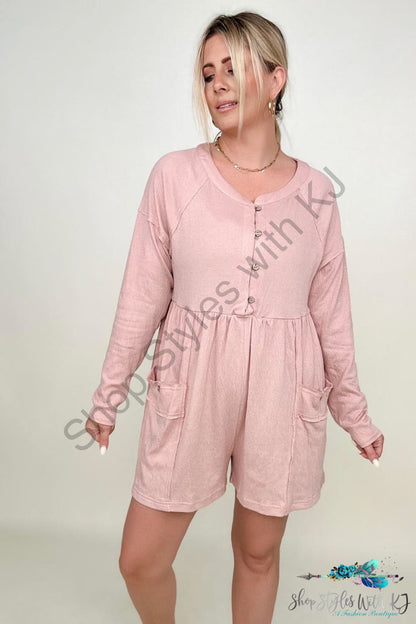 Heyson Comfy Knit Button-Down Long Sleeve Romper Pale Pink / S Rompers