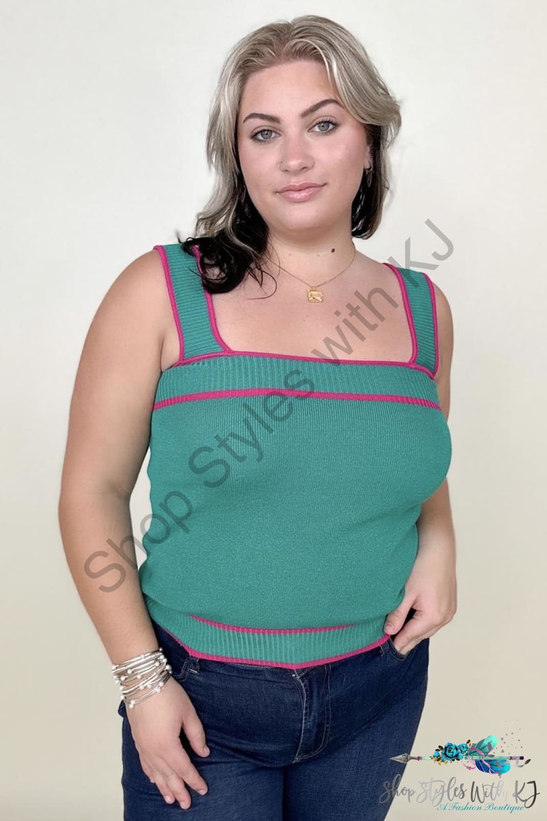 Bibi Contrast Color Rib Knit Tank Top Tops & Camis