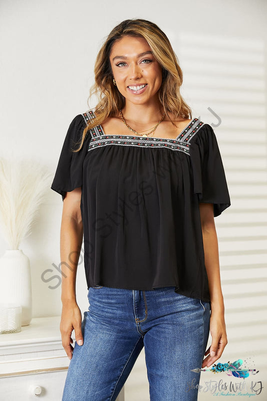 Double Take Contrast Square Neck Puff Sleeve Blouse Black / S Shirts & Tops