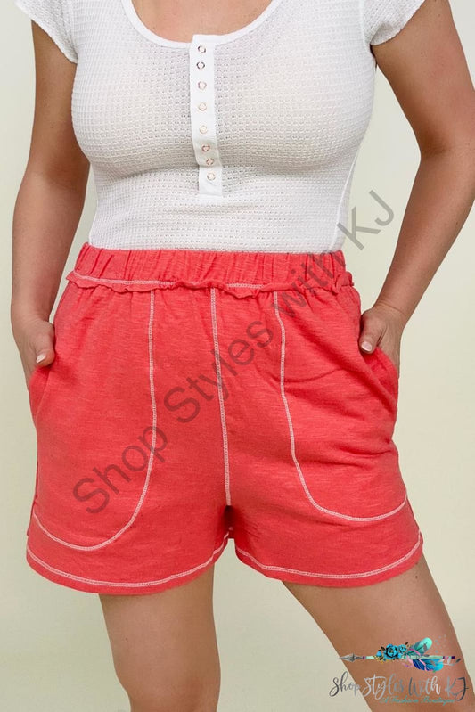 Zenana Contrast Stich Shorts With Pockets Deep Coral / S